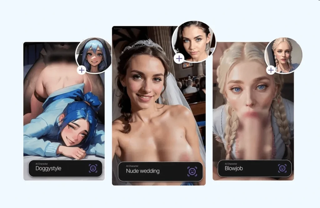 NSFW AI character memory example: reuse and evolve AI-generated characters in different erotic scenarios including doggystyle, nude wedding, and blowjob