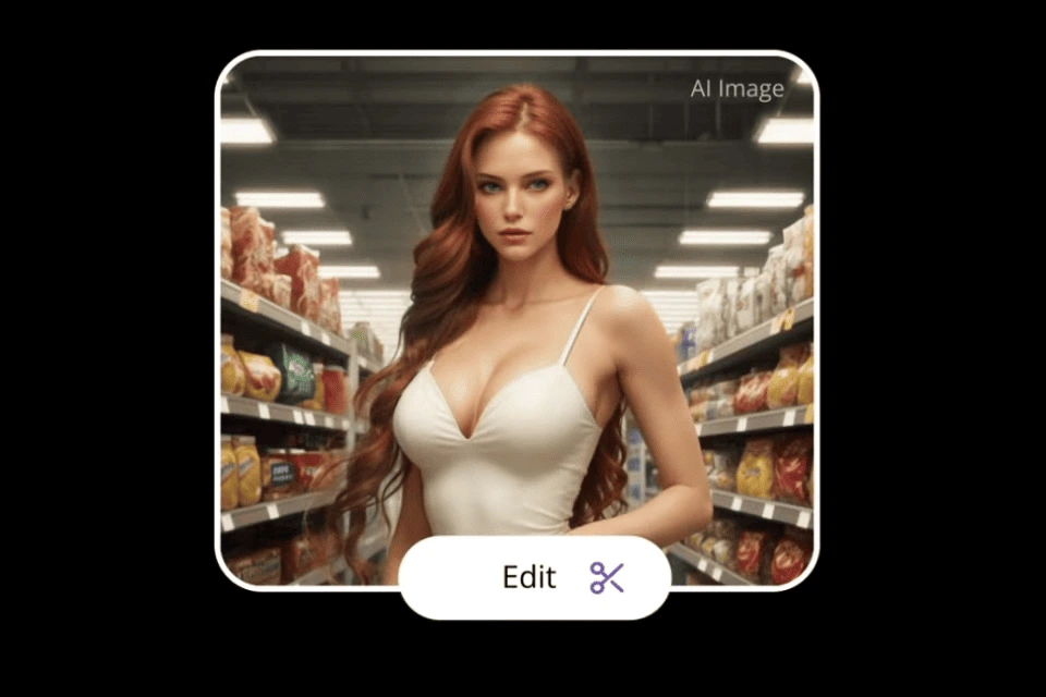 NSFW AI image editor example: modify specific parts of an AI-generated image of a redhead woman in a supermarket