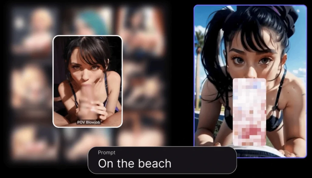 NSFW AI posing tool example: POV blowjob scene with AI-generated character on the beach