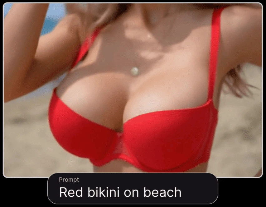 NSFW AI video and GIF generator example: close-up of a woman in red bikini on the beach with animated motion