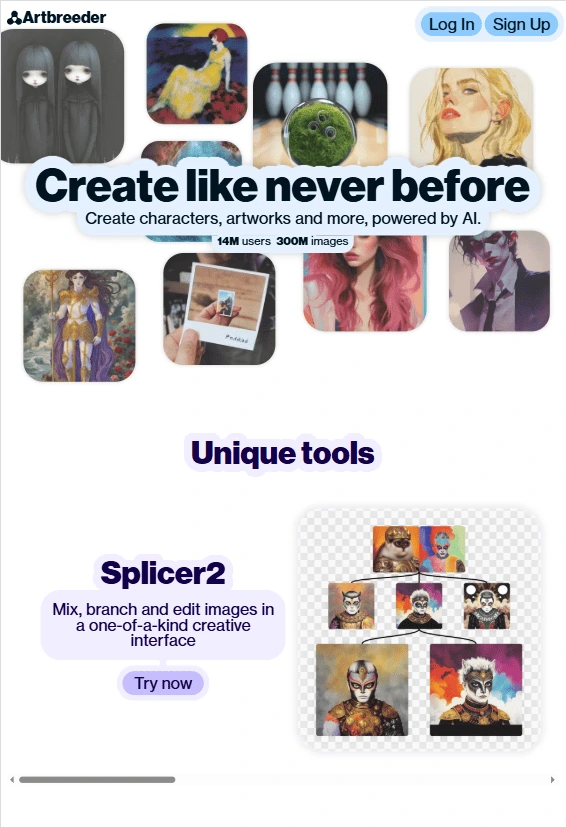 Artbreeder AI – Collaborative face and portrait generator with Splicer2 editing tools Artbreeder AI tool interface showcasing collaborative image mixing, stylized portraits, and avatar creation features
