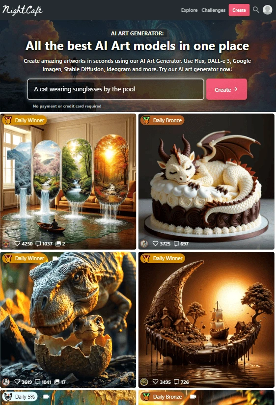 NightCafe – Budget-Friendly AI Art Generator with NFT Export and Multiple Diffusion Models NightCafe AI art generator interface showcasing top artworks, NFT export tools, and multiple diffusion models
