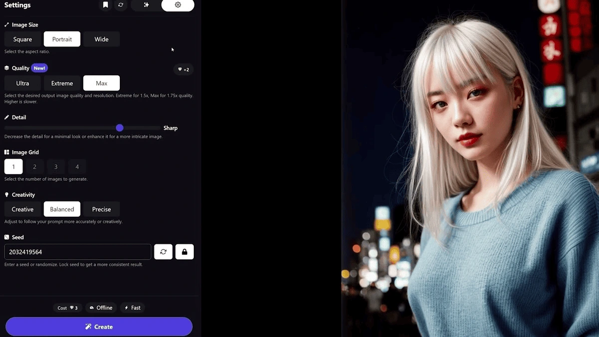 Realistic AI-generated girl portrait by PromptChan AI NSFW image generator, photorealistic face, white hair, blue sweater, night city background